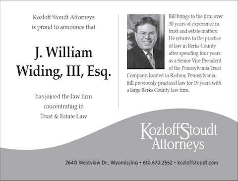 J. William Widing, III, Esq. has joined the law firm concentrating in Trust & Estate Law.